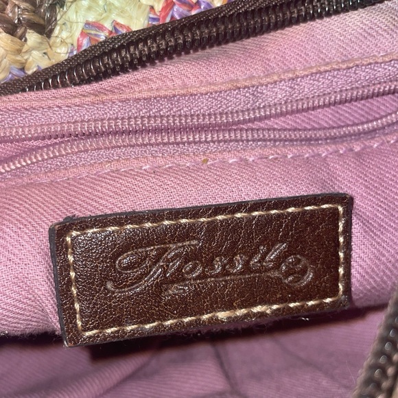 FOSSIL KEY PER multi zig zag straw woven shoulder bag with leather trim - Picture 9 of 13